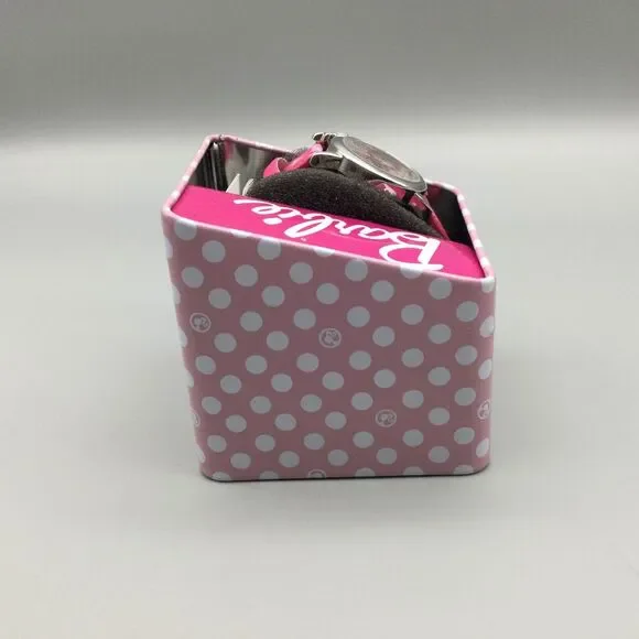 Barbie Watch Kids Girl Youth 28mm Pink Silver Tone With Metal Box New Battery - Picture 6 of 8